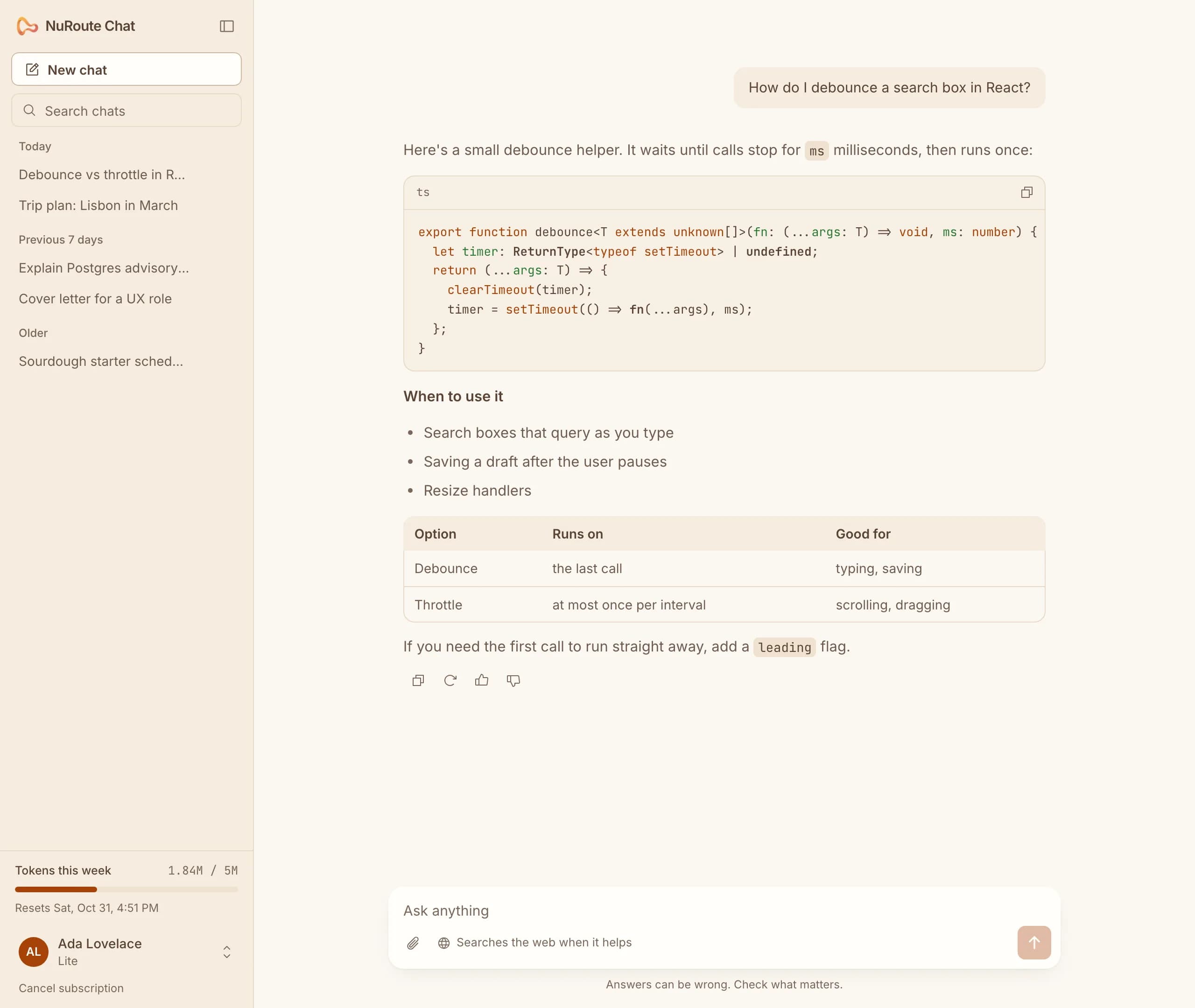 NuRoute Chat answering “How do I debounce a search box in React?” with code, a short list and a comparison table